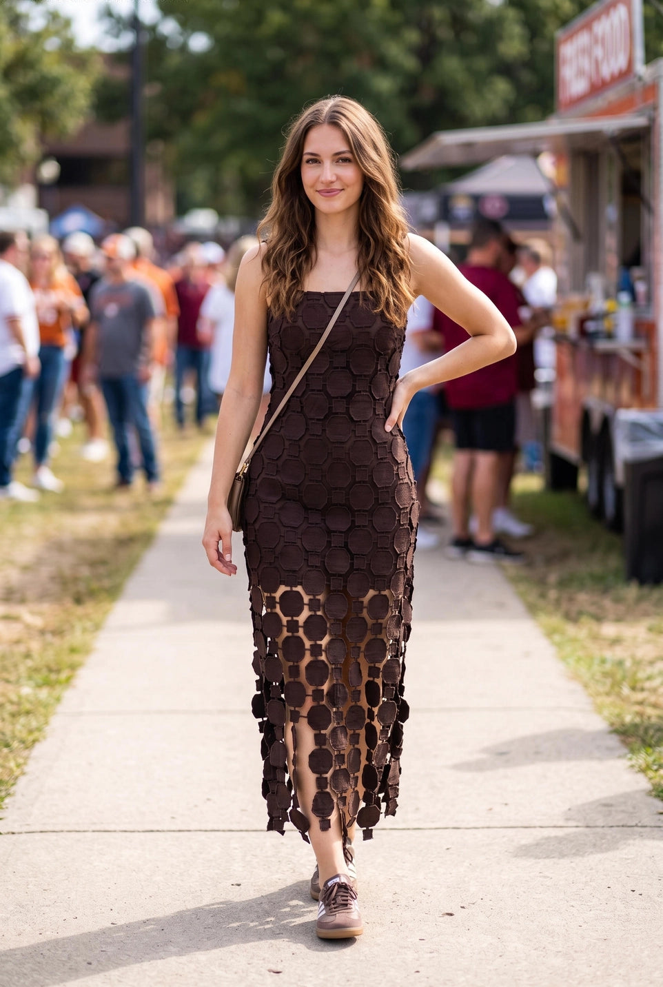 3D LACE FRINGE HEM BODYCON MIDI DRESS