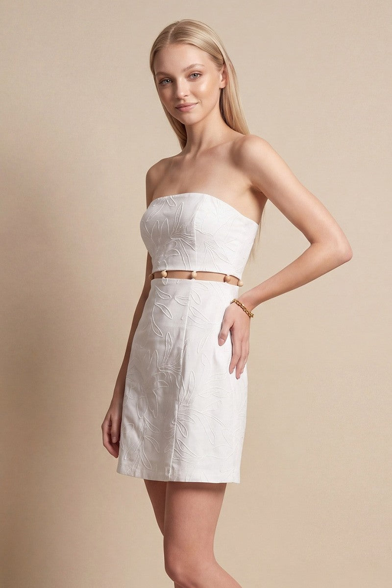 BEADED WAIST CUT OUT EMBROIDERED MINI DRESS