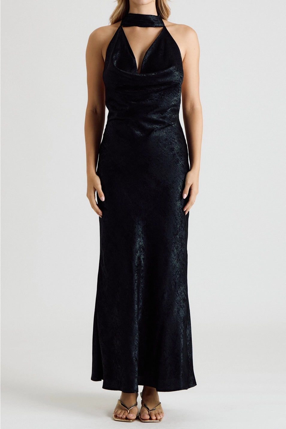 METALLIC HALTER COWL NECK OPEN BACK MAXI DRESS