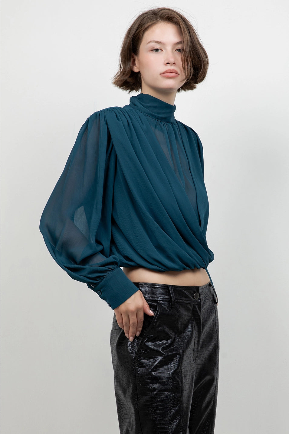 MOCK NECK DRAPE CHIFFON BLOUSE