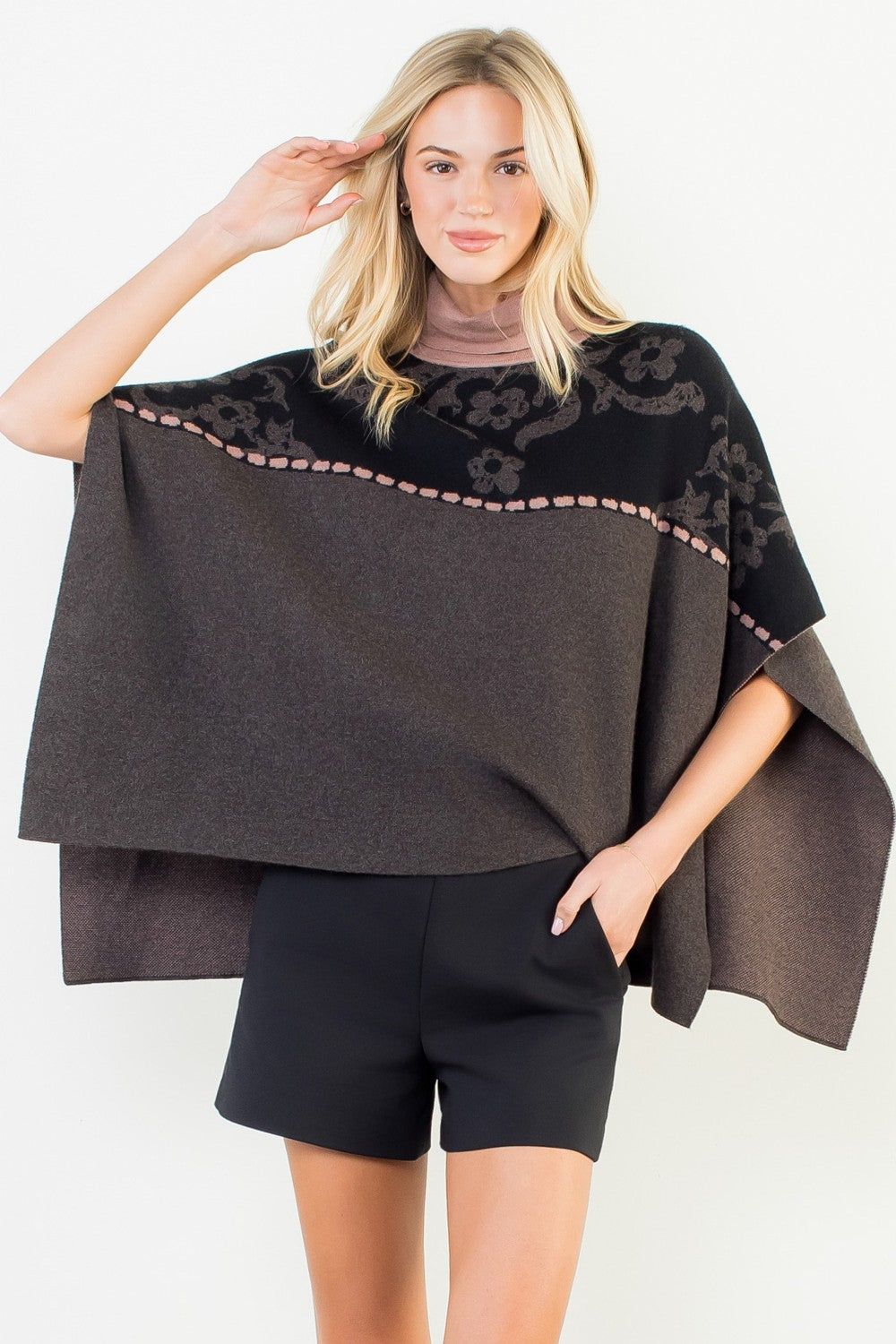 JACQUARD FLORAL KNIT PONCHO