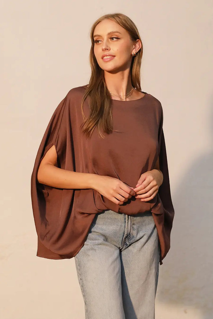 WASHED POLY SILK BOAT NECK CAFTAN TOP