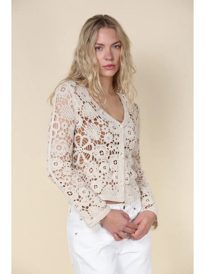 COTTON CROCHET BUTTON FRONT CARDIGAN