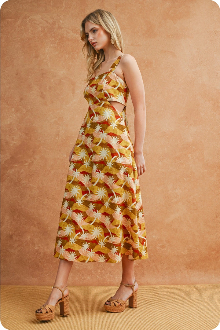 SUNBURST GEO PALM PRINT CUTOUT MIDI DRESS