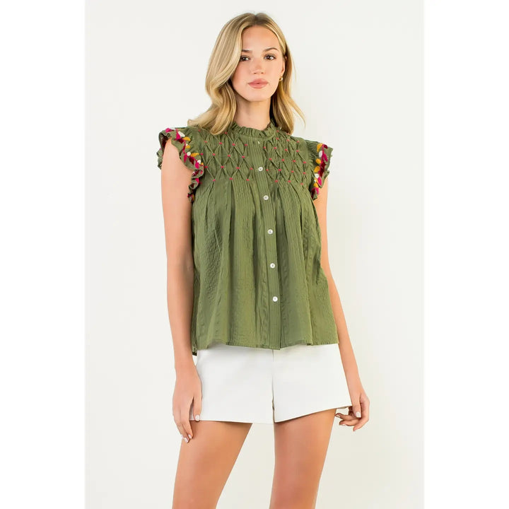 BUTTON UP FLUTTER SLEEVE TOP