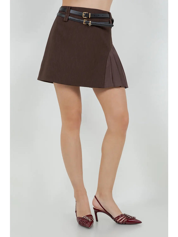 CONTRAST PLEATING DOUBLE BELT LOOP MINI SKIRT