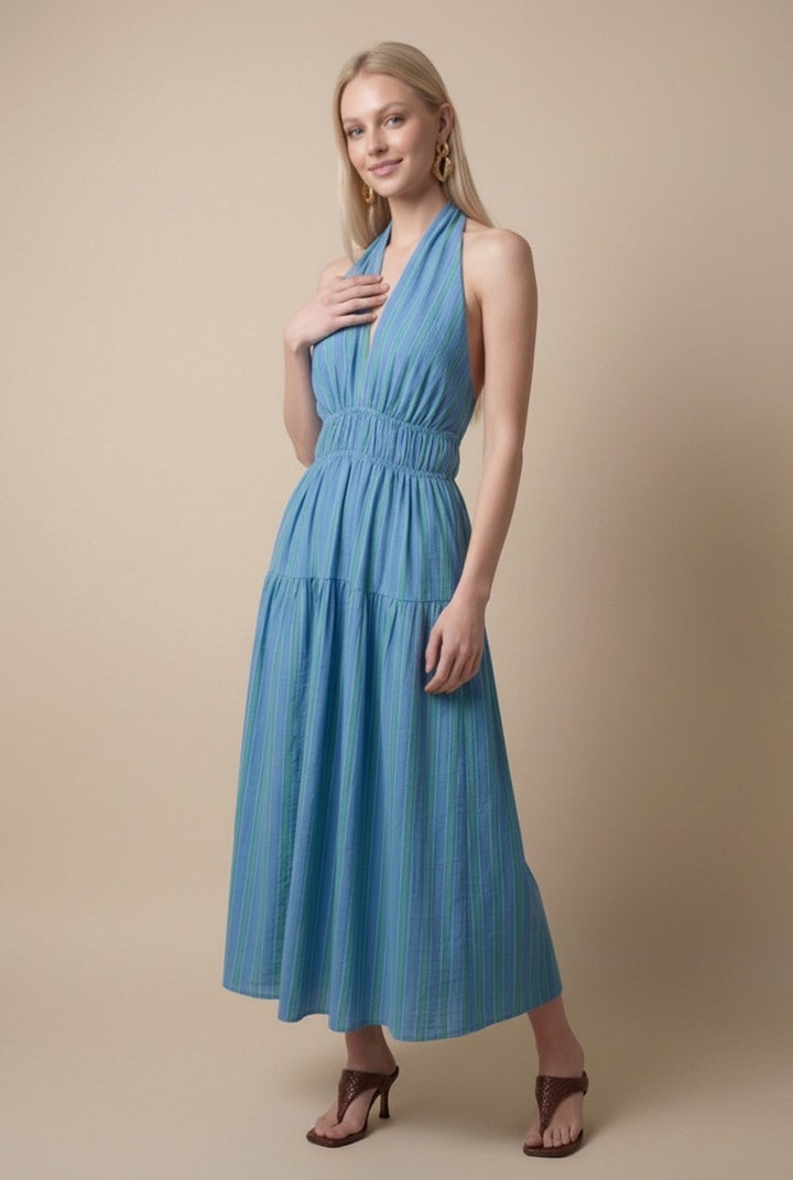 BLUE AND GREEN STRIPED HALTER MAXI DRESS