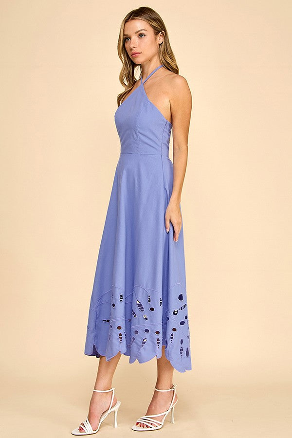 HALTER NECKLINE MIDI DRESS WITH EMBROIDERED DETAIL