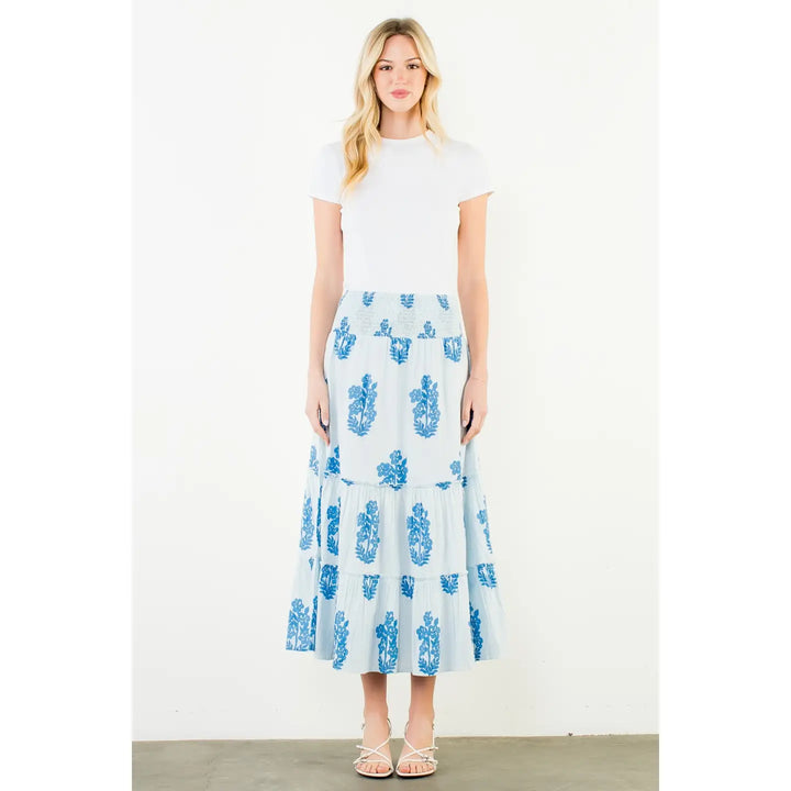 SMOCKED WAIST FLORAL PATTERN SKIRT