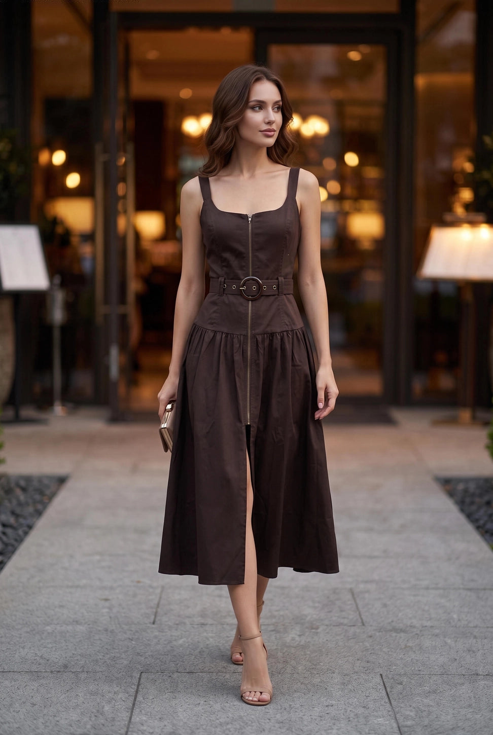 BELTED ZIP FRONT MIDI DRESS