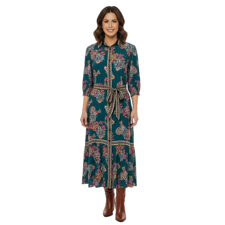 LONDON CAOLLARED TIE WAIST MIDI DRESS