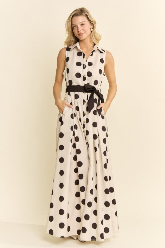 POLKA DOT BUTTON DOWN BELTED SLEEVELESS SHIRT DRESS