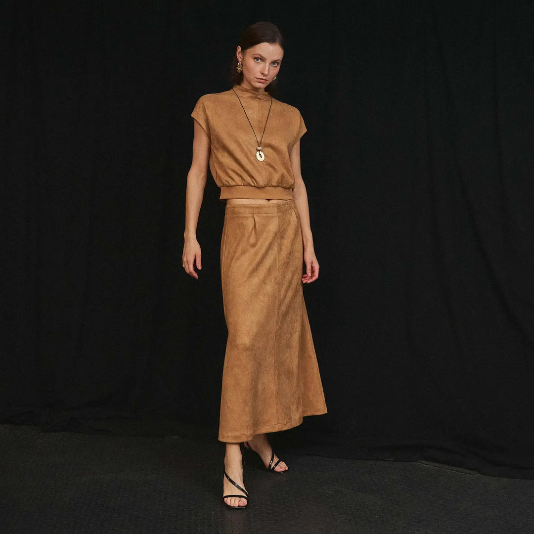 MOCK NECK STRETCH SUEDE TOP &amp; SKIRT SET