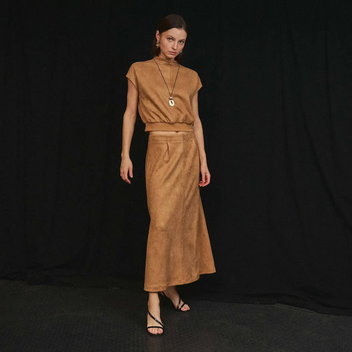 MOCK NECK STRETCH SUEDE TOP &amp; SKIRT SET