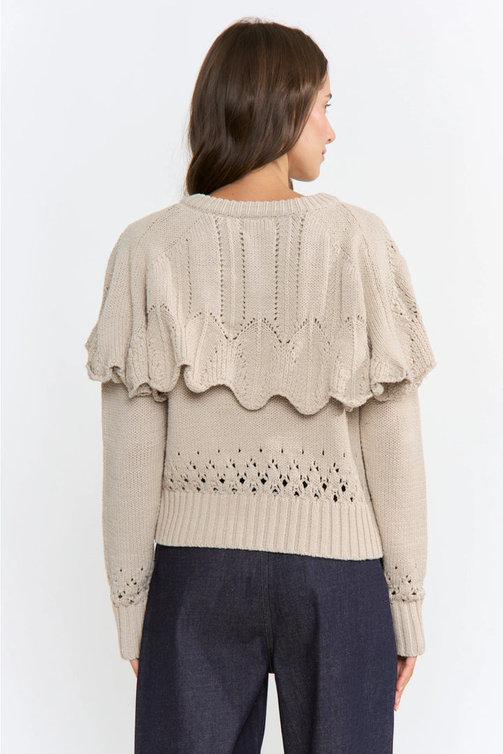 BUTTON-UP KNIT RUFFLED CAPELET CARDIGAN