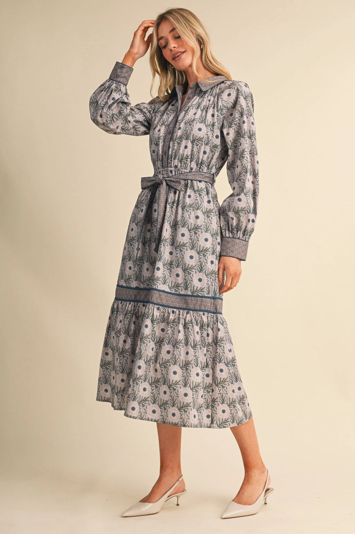 MIXED FLORAL BUTTON DOWN BELTED MIDI DRESS