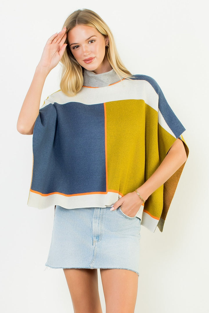 COLORBLOCK MOCK NECK KNIT PONCHO