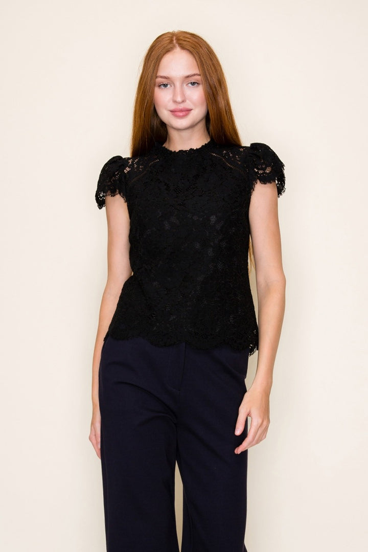 MOCK NECK SHORT SLEEVE LACE TOP