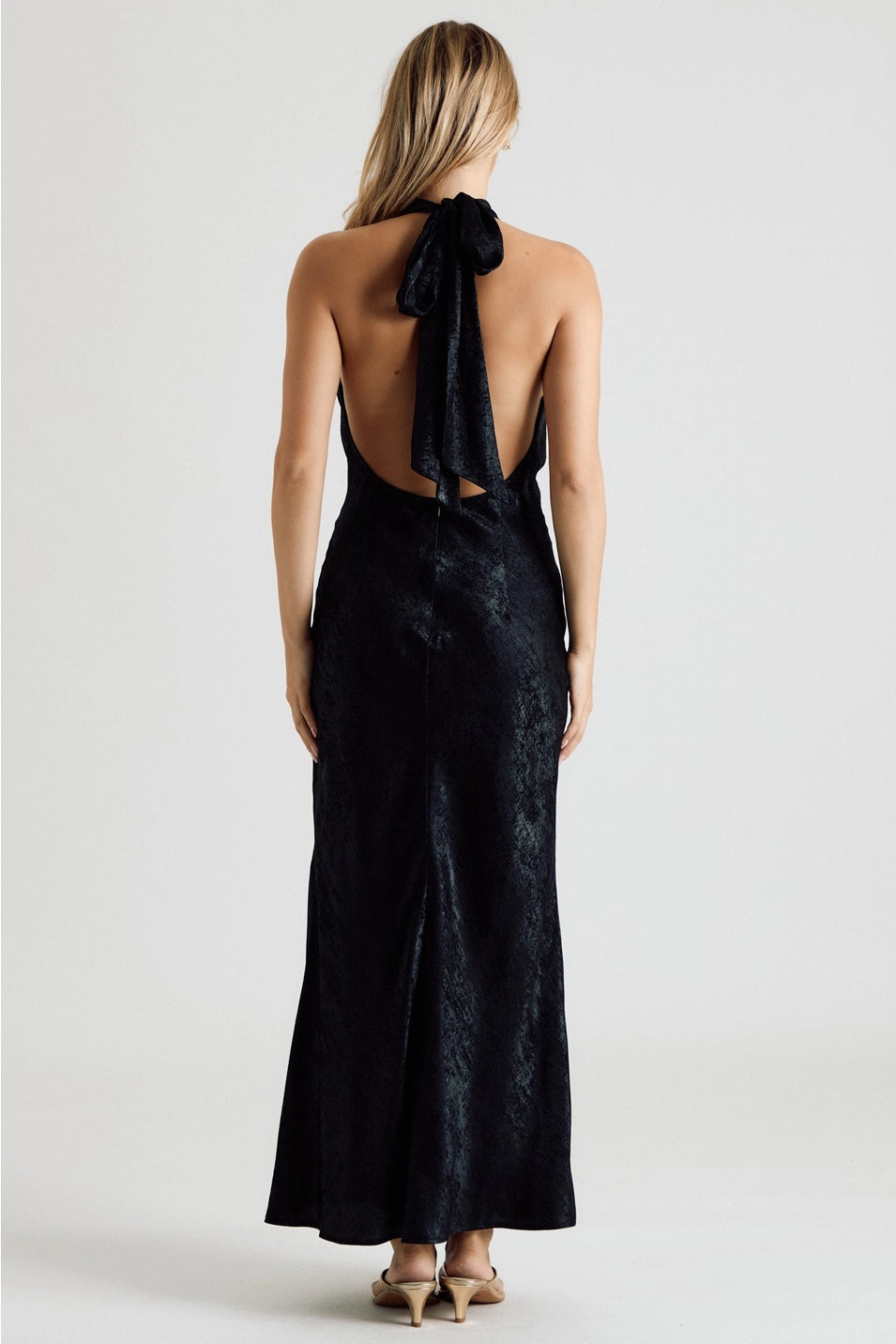 METALLIC HALTER COWL NECK OPEN BACK MAXI DRESS