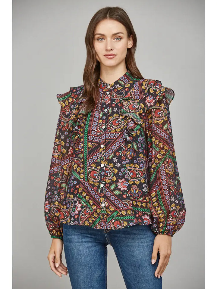 RUFFLE DETAIL STAND COLLAR BLOUSE