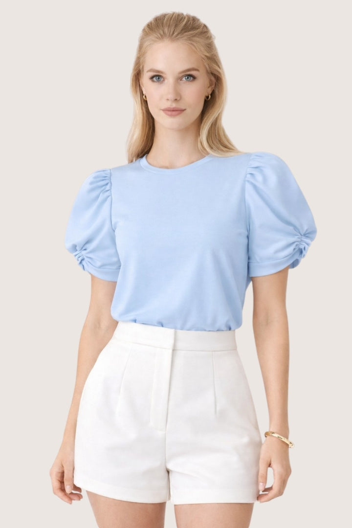 PUFF SLEEVE STRETCH COTTON KNIT TOP