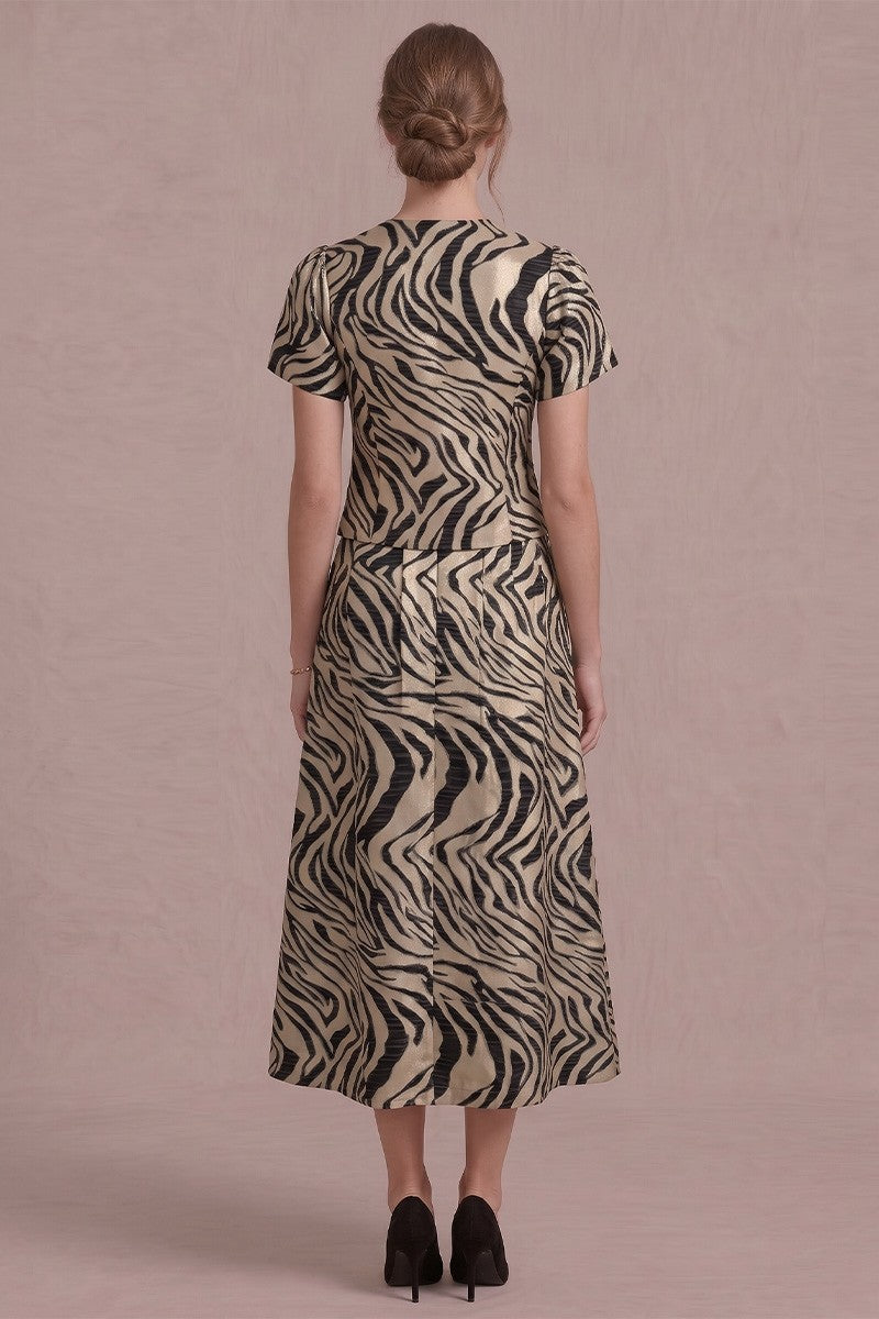 METALLIC TIGER JACQUARD PLEATED MIDI SKIRT