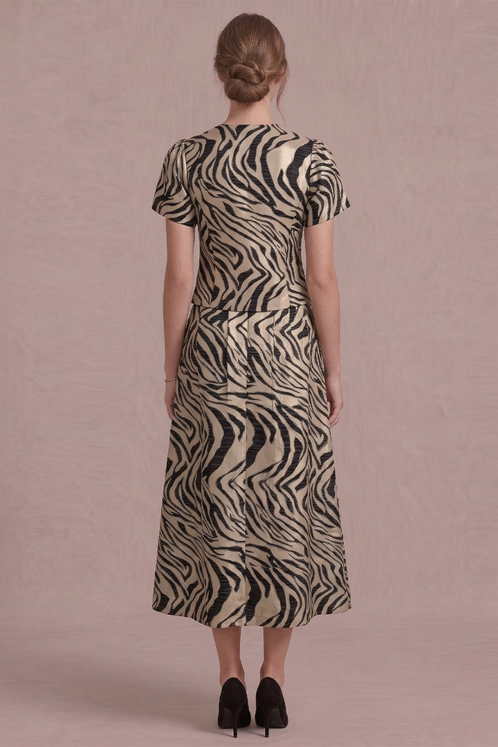 METALLIC TIGER JACQUARD PLEATED MIDI SKIRT