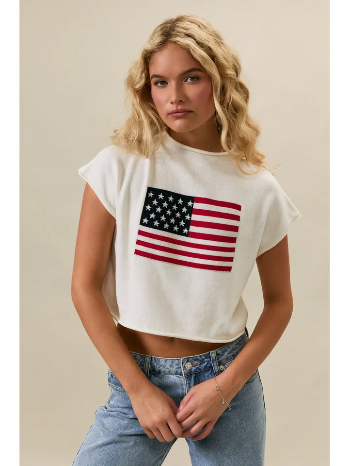 DROP SHOULDER MOCK NECK "USA FLAG" SWEATER