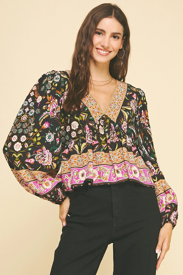BOHO PRINT V NECK TOP