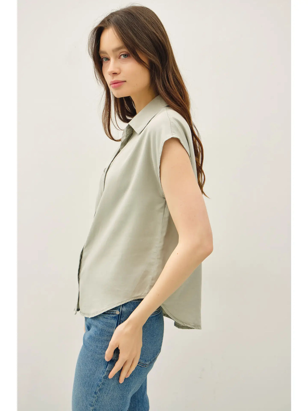 CAP SLEEVE BUTTON UP TENCEL SHIRT
