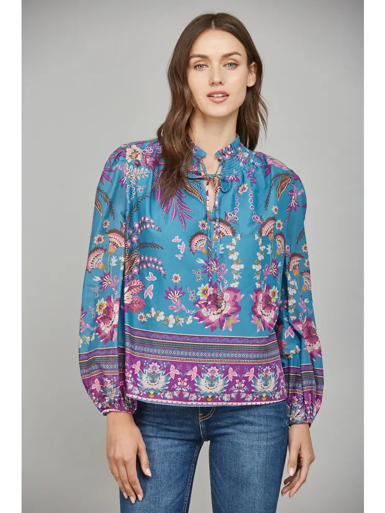 RUFFLED V NECK LONG SLEEVE BLOUSE