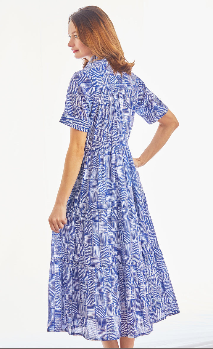 Palm Desert Long Dress with Short Sleeves And Flounces, Cotton Voile Navy White Criss Cross Little Boxes XS / 6906-S505