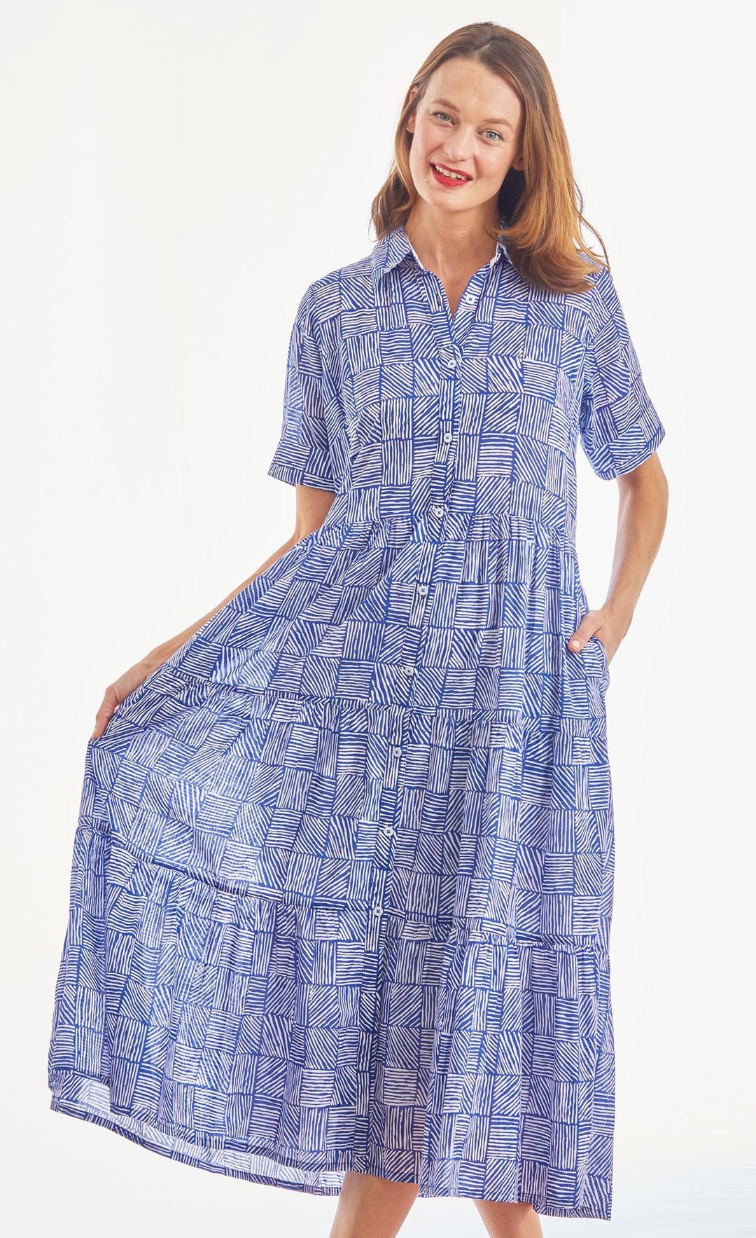 Palm Desert Long Dress with Short Sleeves And Flounces, Cotton Voile Navy White Criss Cross Little Boxes XS / 6906-S505