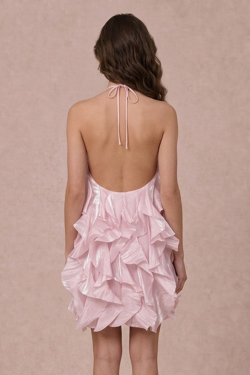 RUFFLE DETAIL FLORAL APPLIQUE MINI DRESS