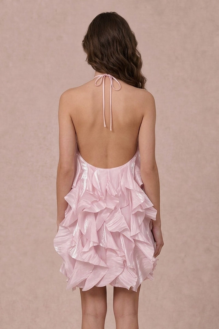 RUFFLE DETAIL FLORAL APPLIQUE MINI DRESS