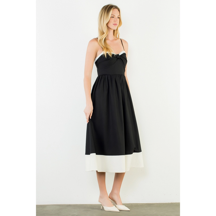 THIN STRAP BOW DETAIL MIDI DRESS