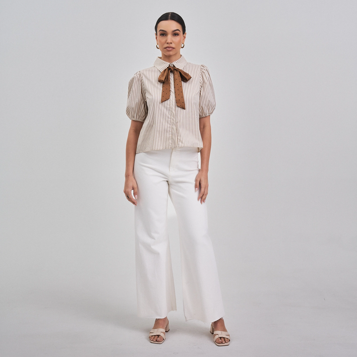 SATIN BOW DETAILED BUTTON DOWN SHIRT TOP