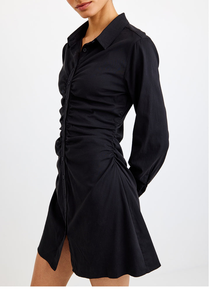 LONG SLEEVE SHIRRED SHIRT DRESS