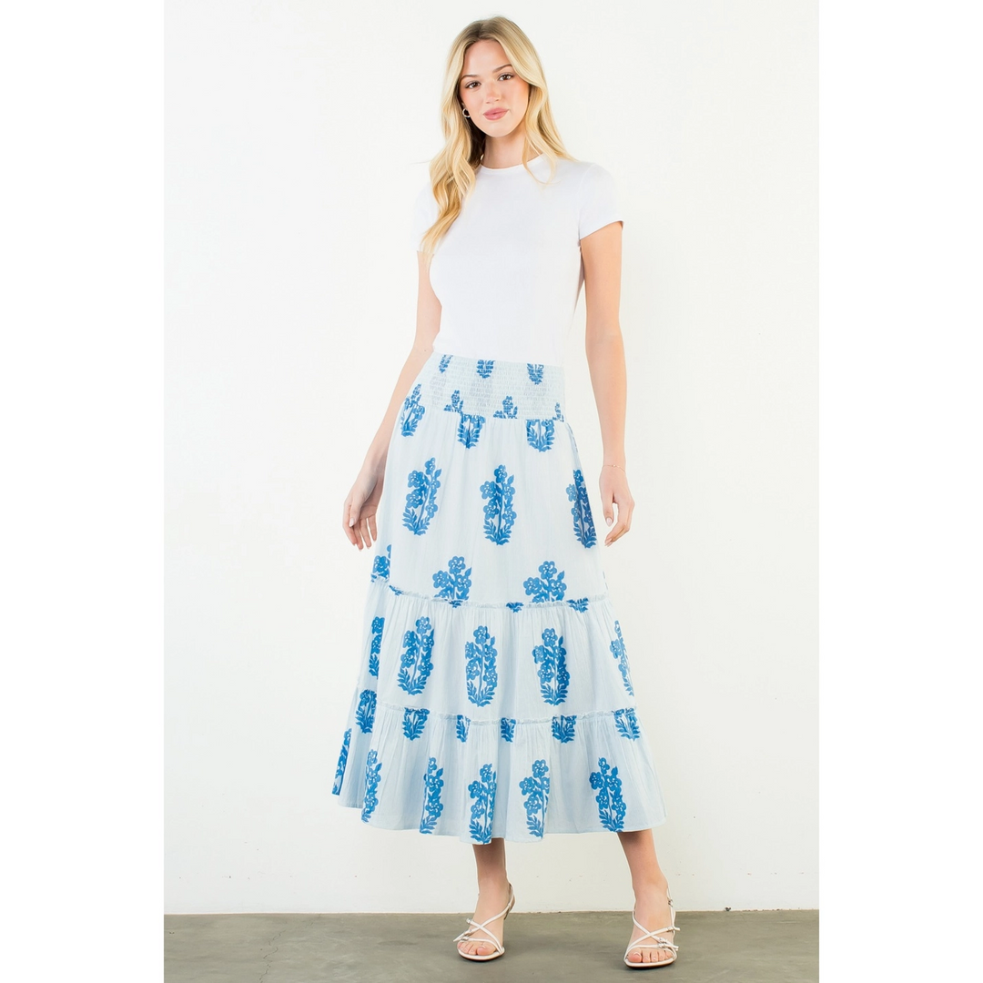 SMOCKED WAIST FLORAL PATTERN SKIRT