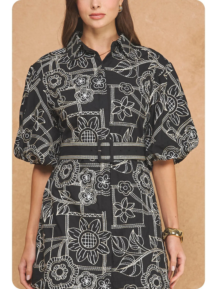 EMBROIDERY PUFF SLEEVE MINI DRESS
