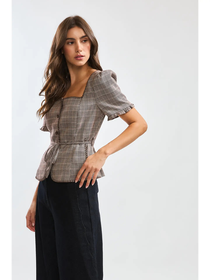 GLEN PLAID BUTTON-FRONT BLOUSE WITH BELTED WAIST