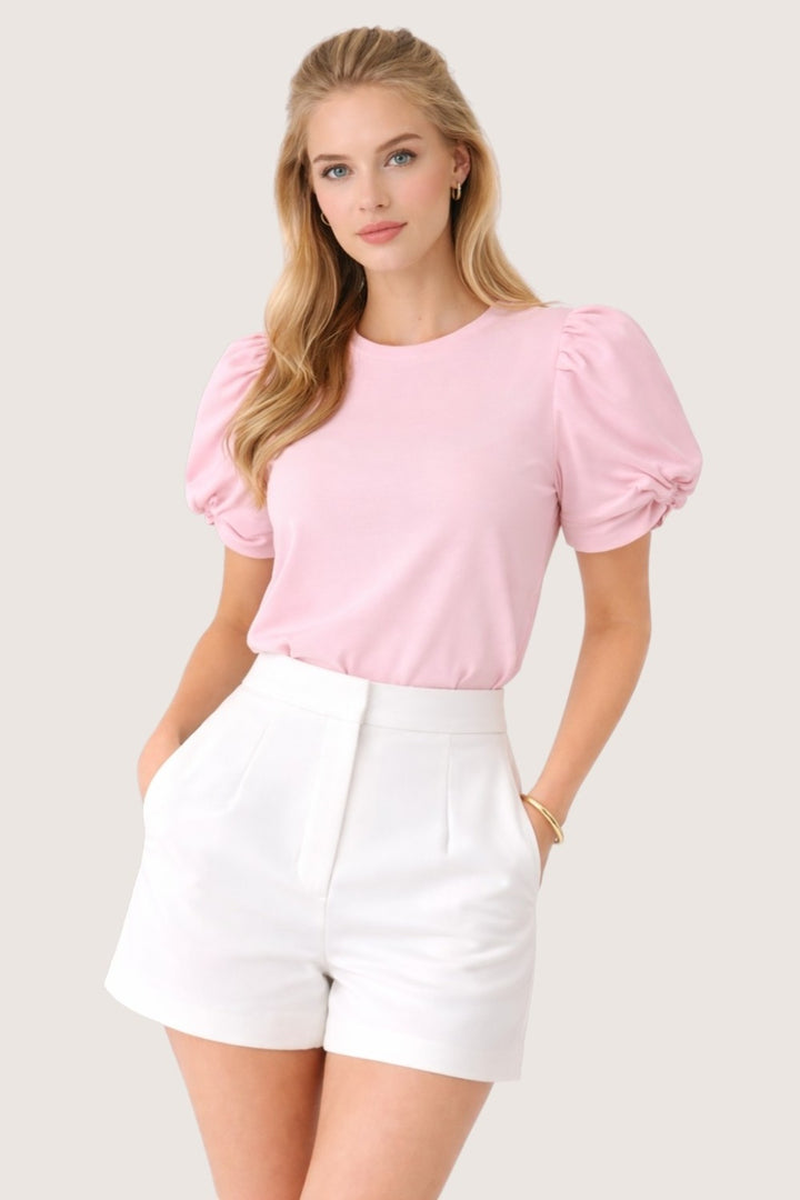 PUFF SLEEVE STRETCH COTTON KNIT TOP