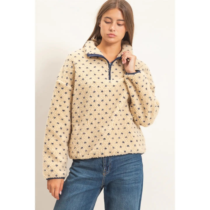 POLKA DOT SHERPA HALF-ZIP PULLOVER