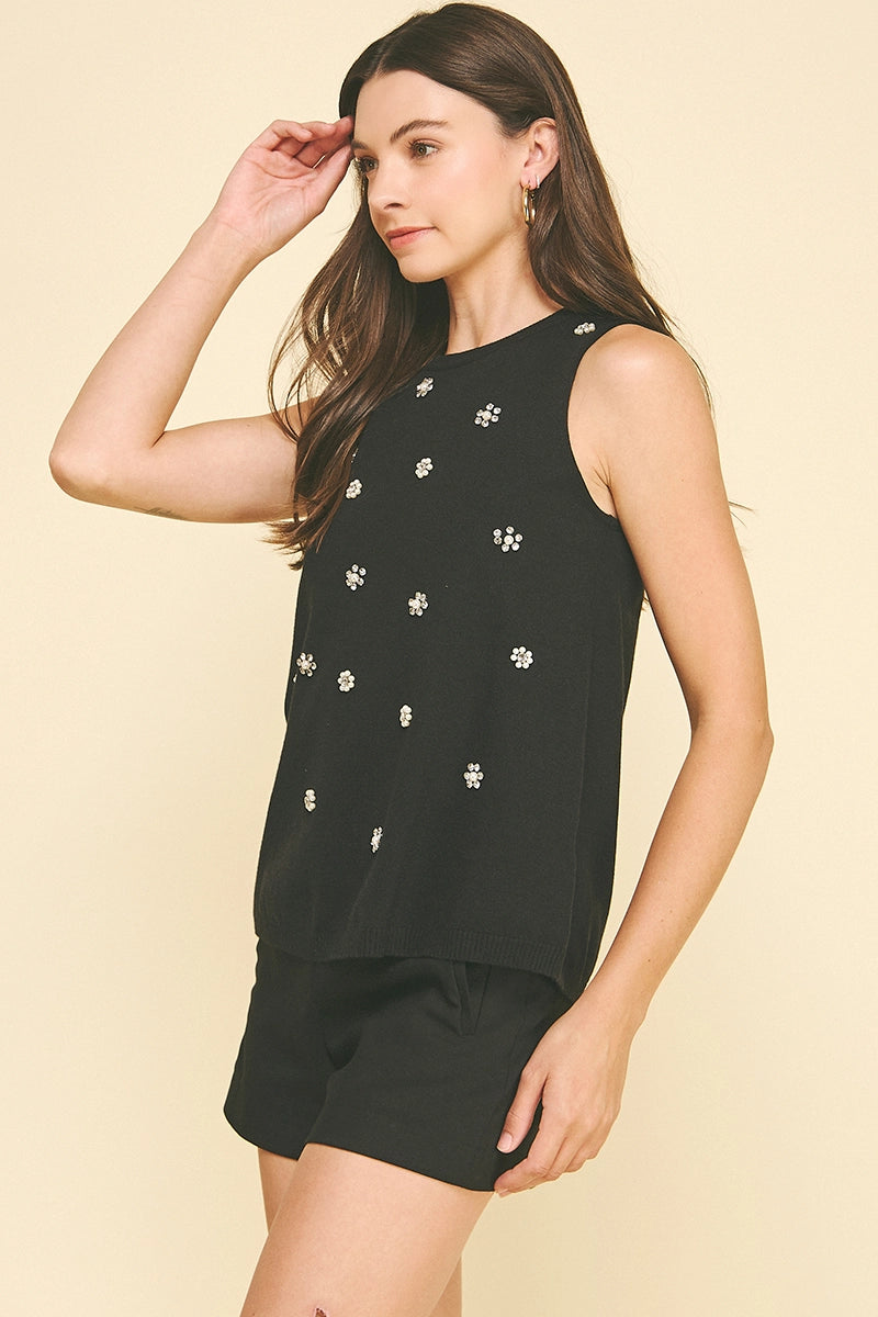 RHINESTONE & PEARL EMBROIDERED KNIT TOP