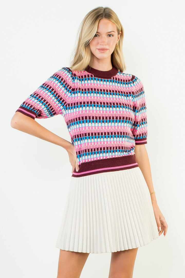 SHORT SLEEVE MULTI COLOR KNIT TOP