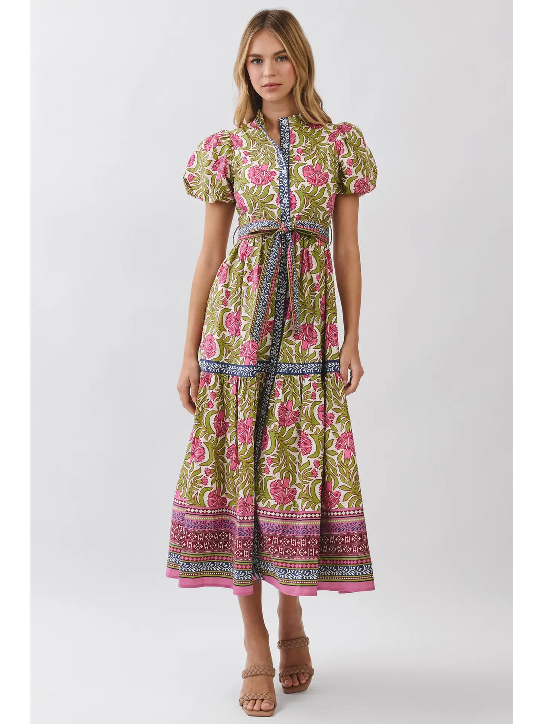 FLORAL BORDER PRINT TIE WAIST MAXI DRESS