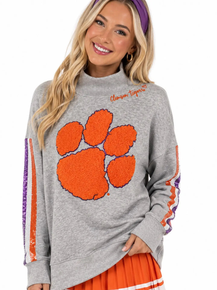 CLEMSON MOCK NECK SEQUIN STRIPE SWEATSHIRT