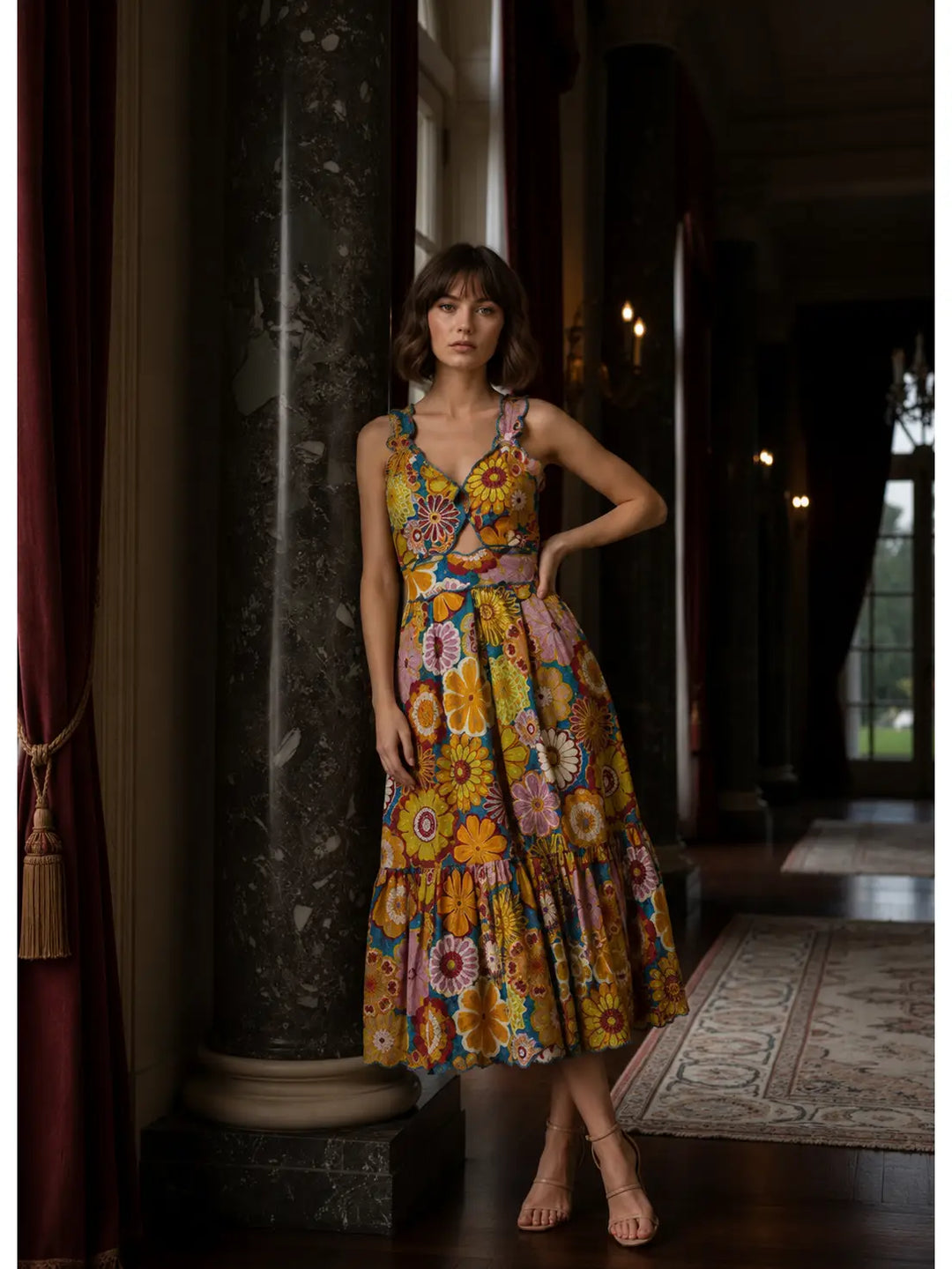 V NECK LINE LASER CUT WITH PIPING MIDI DRESS – Copper Penny