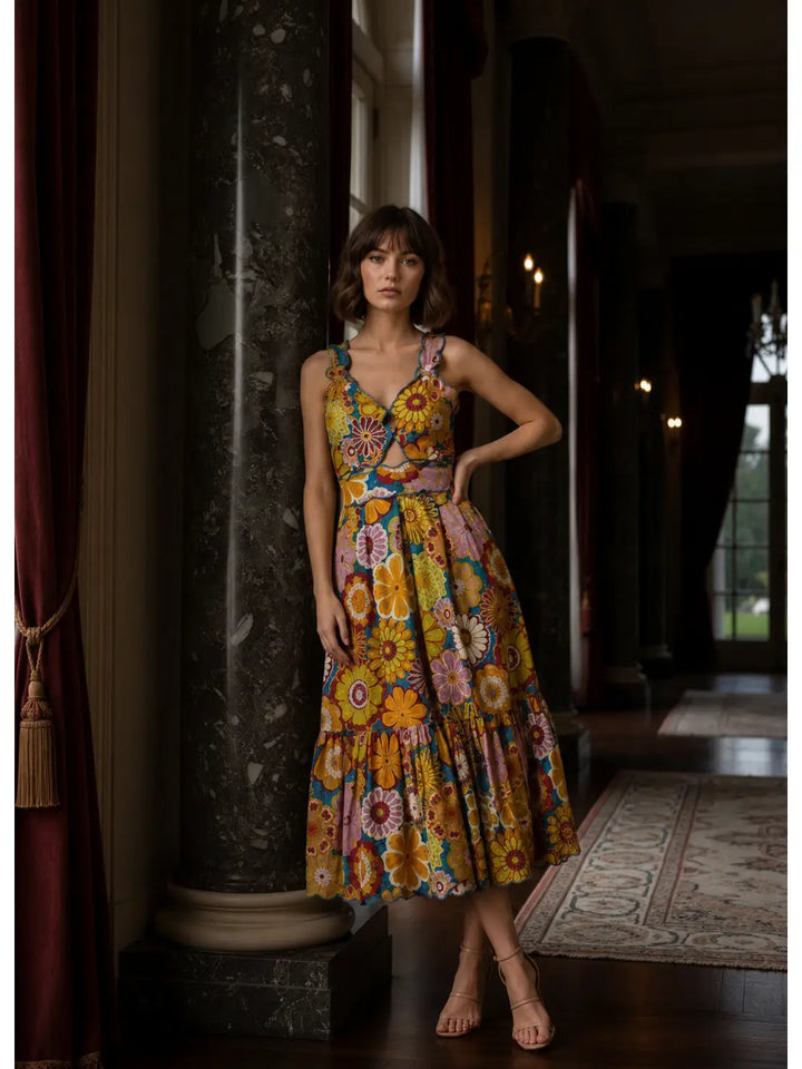 V NECK LINE LASER CUT WITH PIPING MIDI DRESS