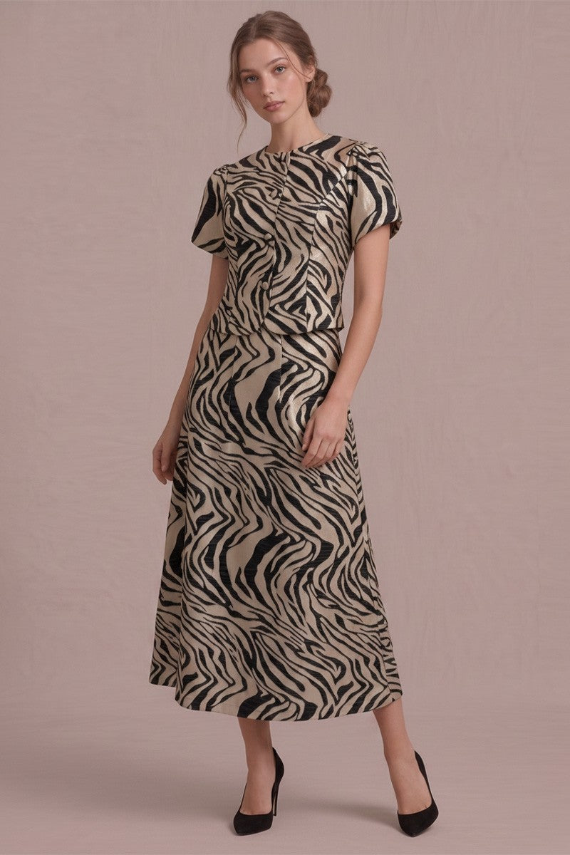 METALLIC TIGER JACQUARD PLEATED MIDI SKIRT